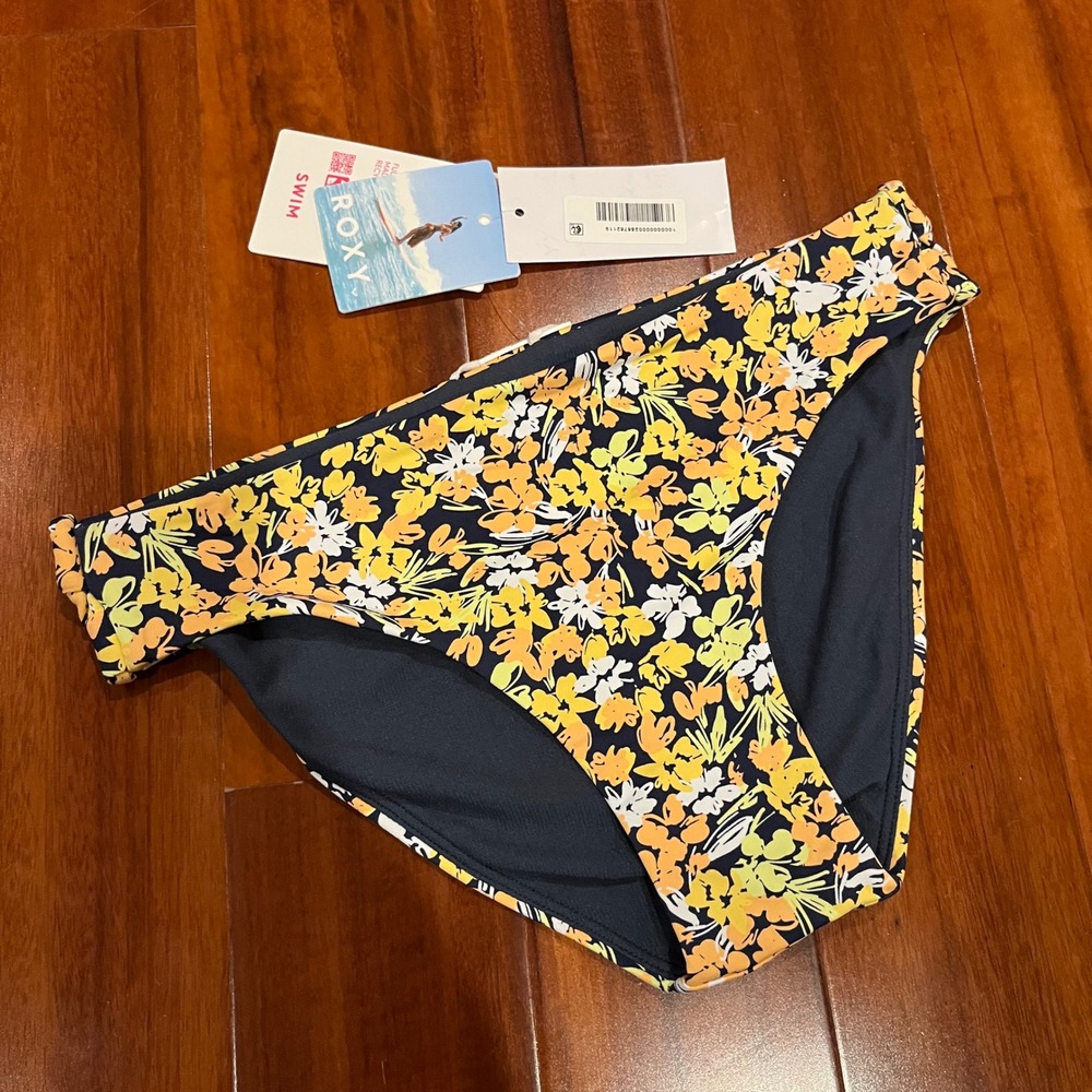 Roxy Bikini Bottom Swim‎ Floral Beach Classics Strap Hipster Navy Yellow New XS